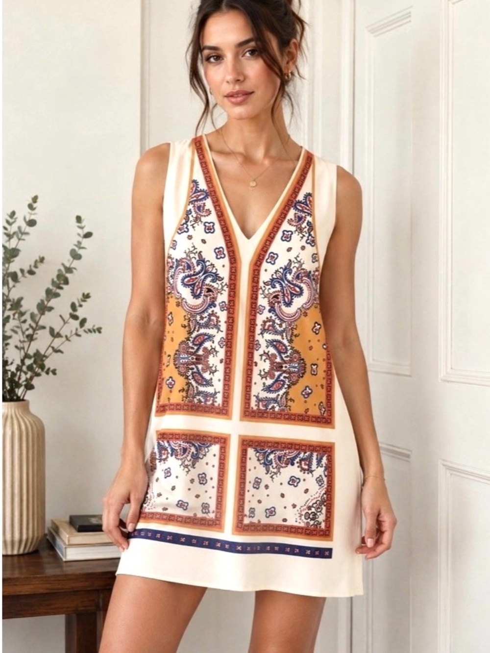 Zara White, Orange, Red, Blue and Mustard Paisley Print Mini Dress Size M